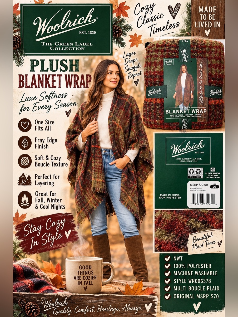 Woolrich Green Label Multi Boucle Plaid Plush Blanket Wrap Poncho